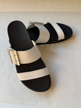 Sorel White and Black Double Strap Slide Sandals SZ 10.5
